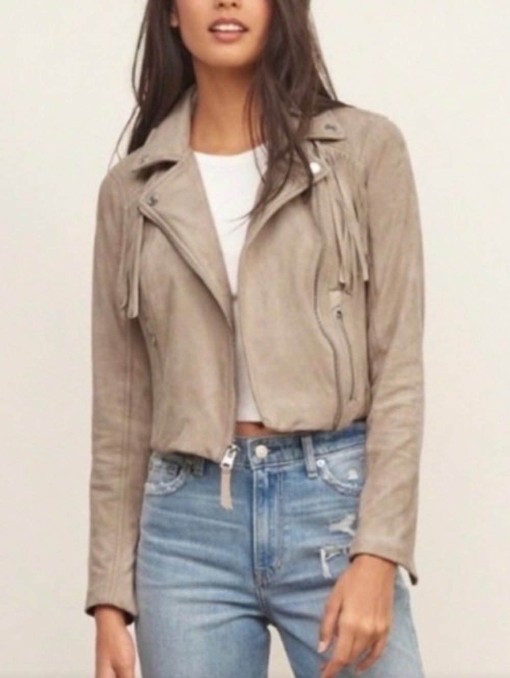 🤎EUC Abercrombie & Fitch Full Zip Faux Suede Cropped Fringe Moto Jacket - Taupe